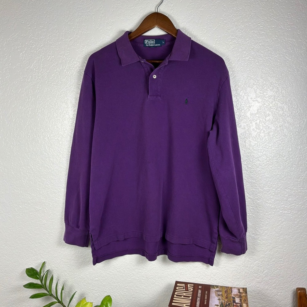 Polo Ralph Lauren Polo Shirt Mens Large Purple Good Long Sleeve Pique Cotton